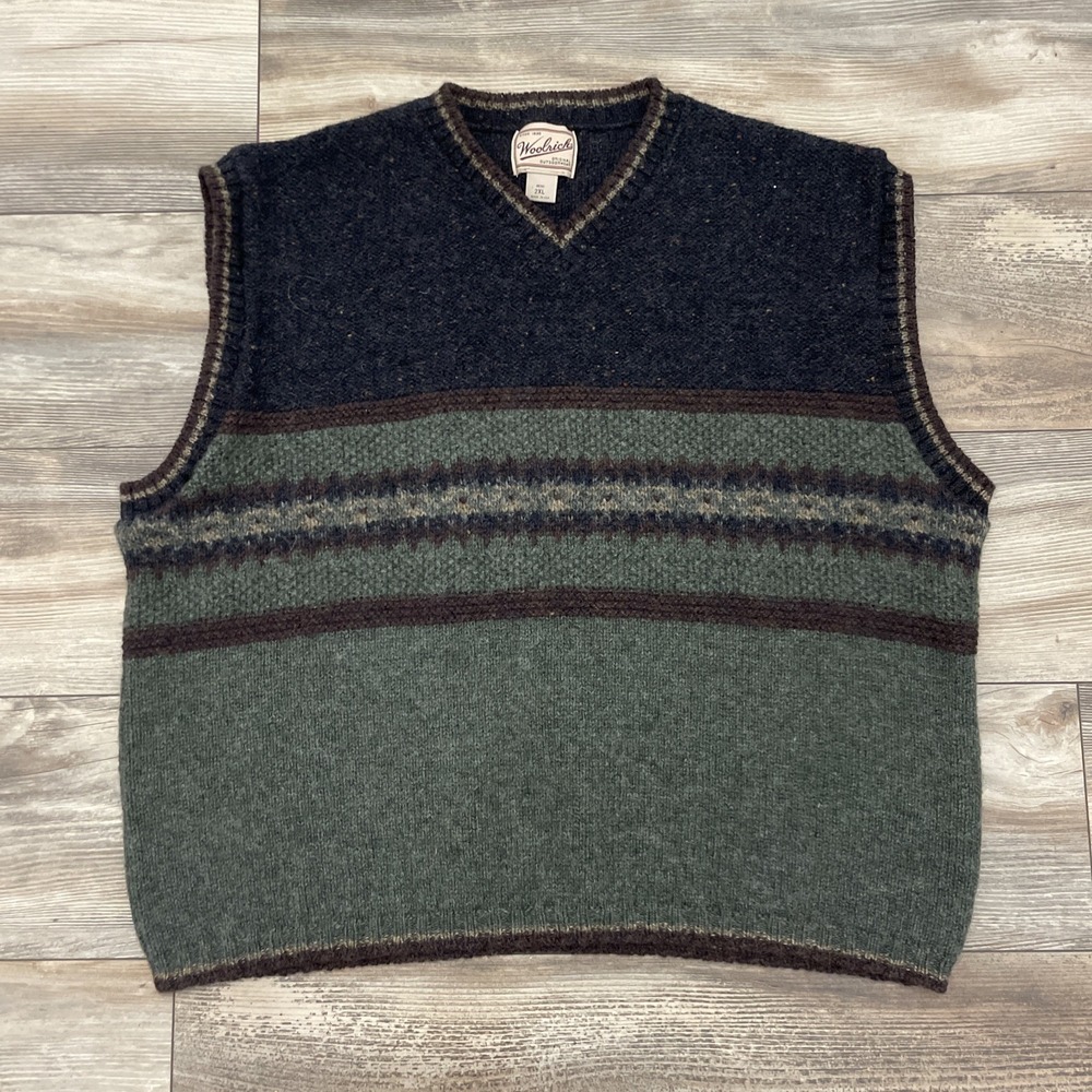 VTG Woolrich Sweater Vest Men's 2XL Green Striped Knit Wool V-Neck USA Made